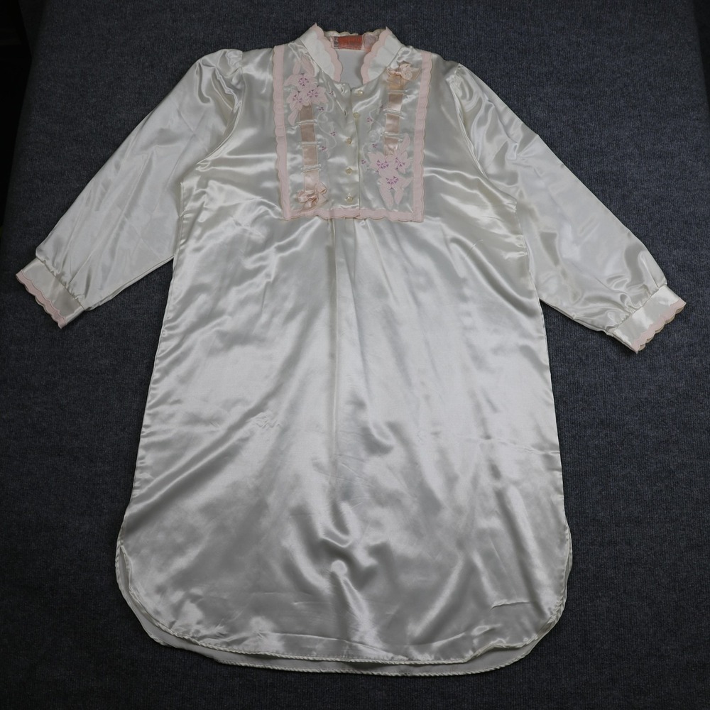 Vintage Vandemere Nightgown Womens Large Ivory Satin Floral Long Sleeve 2000s‎